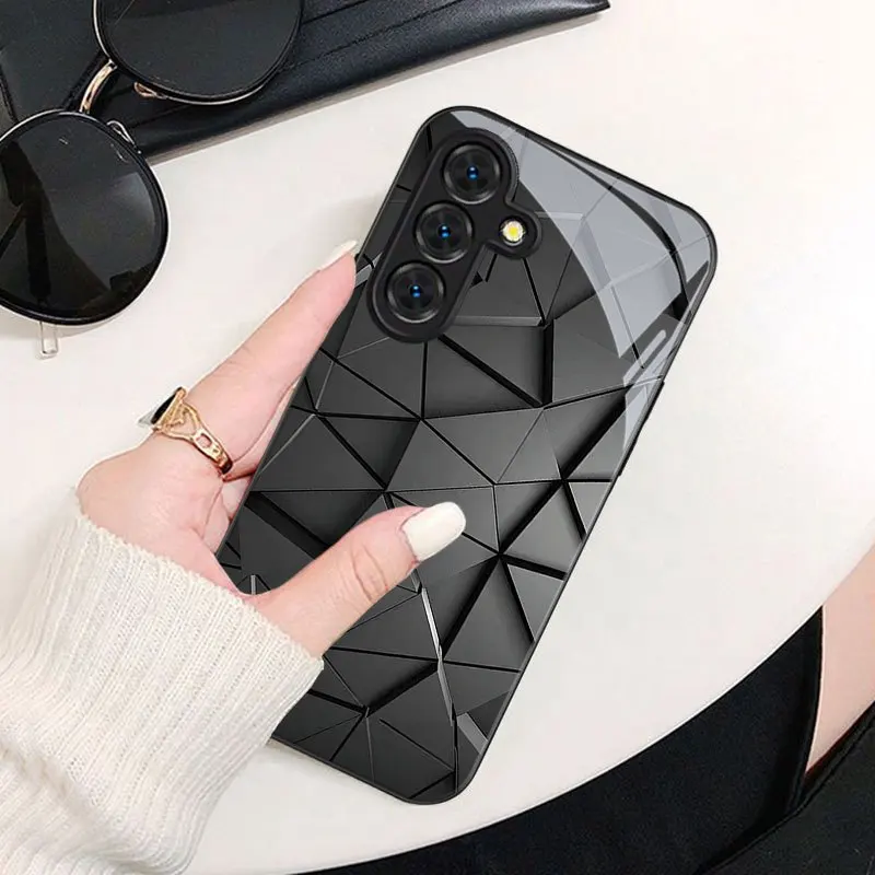New Black Geometric Triangle Pattern Black TPU Glass Phone Case,suitable for Samsung S26/S25/S24/S23/S22/S21/S20and other models
