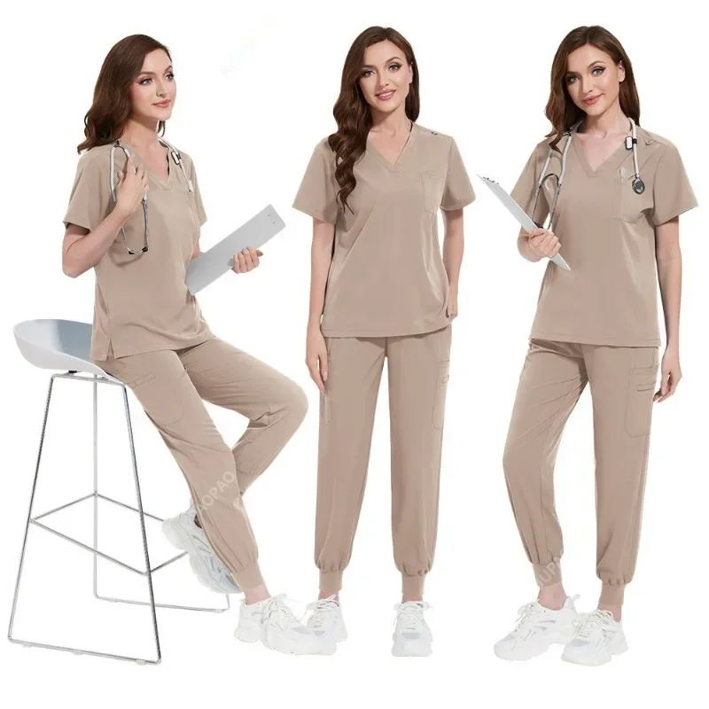 Uniformes Médicos das Mulheres, Conjuntos Elásticos, Vestidos Cirúrgicos Hospitalares, Tops de Manga Curta, Calças, Acessórios de Enfermagem, Roupas Médicos