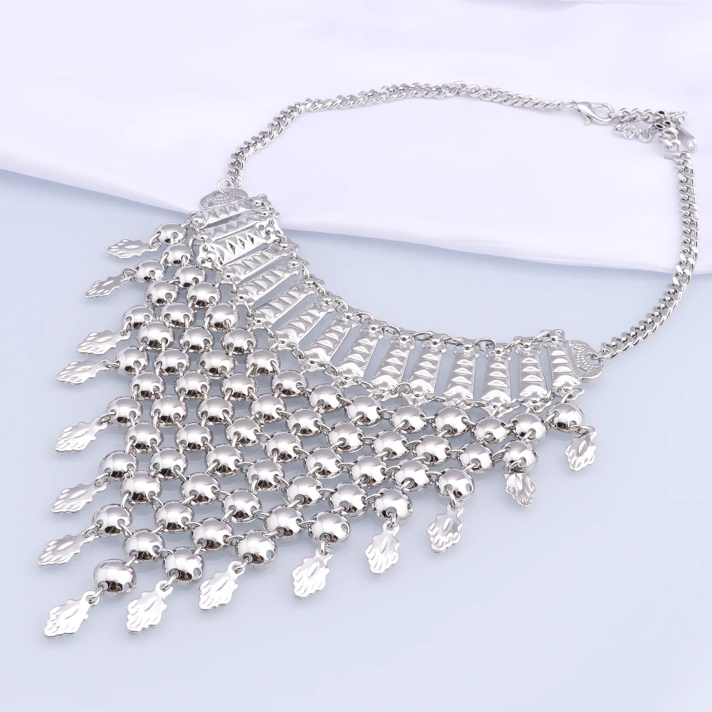 New Tassels Silver Plated Necklace Earrings Bracelet Ring Set for Women Bridal Chains Ethinc Wedding Jewelry Bride Gifts