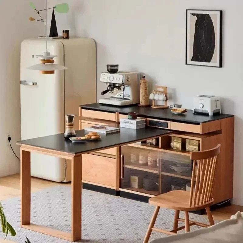 Rotating Cherry Wood Kitchen Island Dining Table with Storage Cabinet Compact Solid Wood Sideboard for Small Apartment