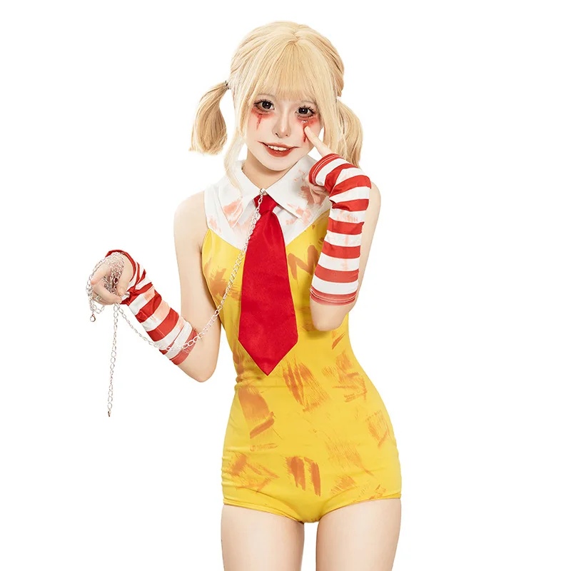 Halloween Cosplay Carnival Circus Clown Female Striped Sleeveless Yellow Jumpsuit Tie Suit Stage Performance Props Clothing Set