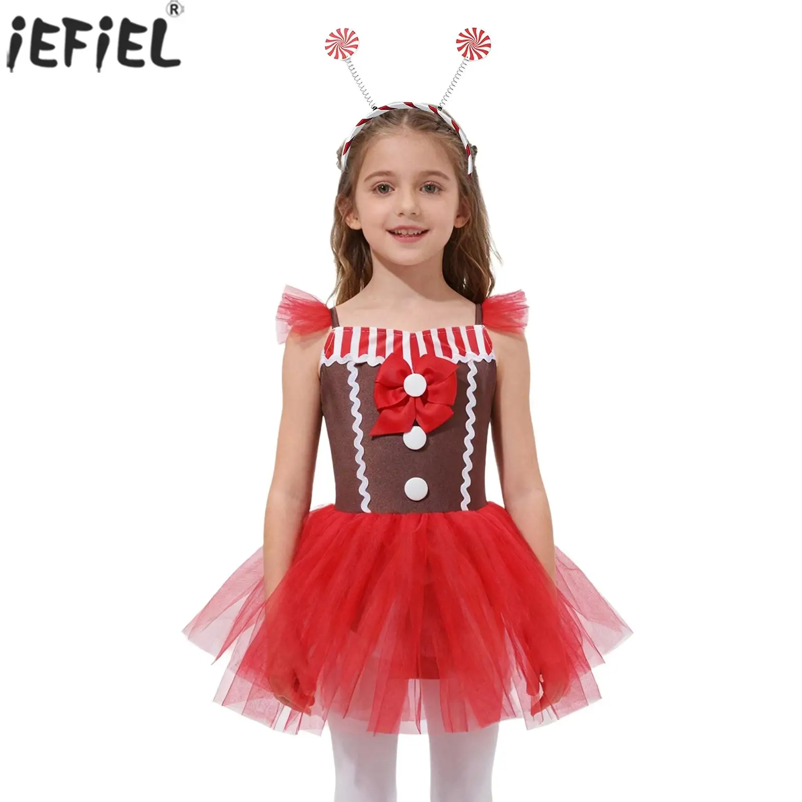 Kids Girls Christmas Gingerbread Man Costume Sleeveless Striped Tulle Tutu Dress with Hair Hoop for Festival Holiday Xmas Party