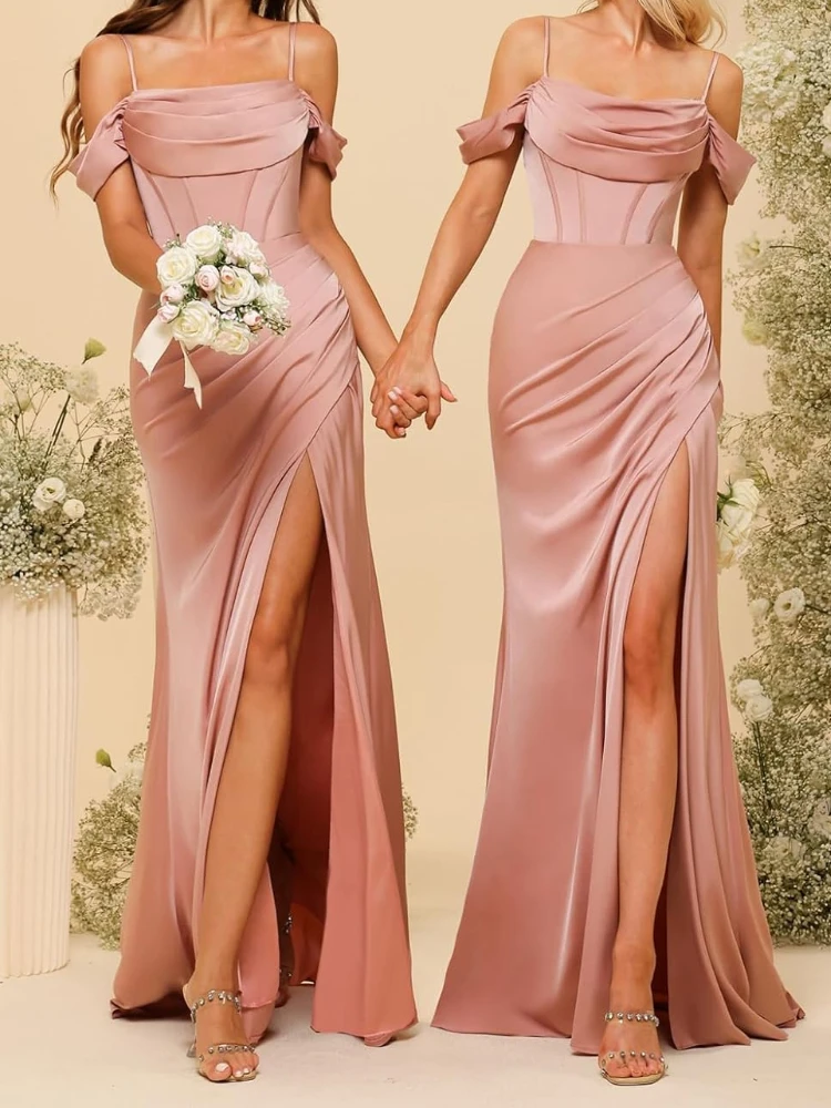 Customized Euramerican Luxury Sling Slash Neck Bridesmaid Vestidos Simple Fashion Popular Long Slim Formal Dress Solid Temperame