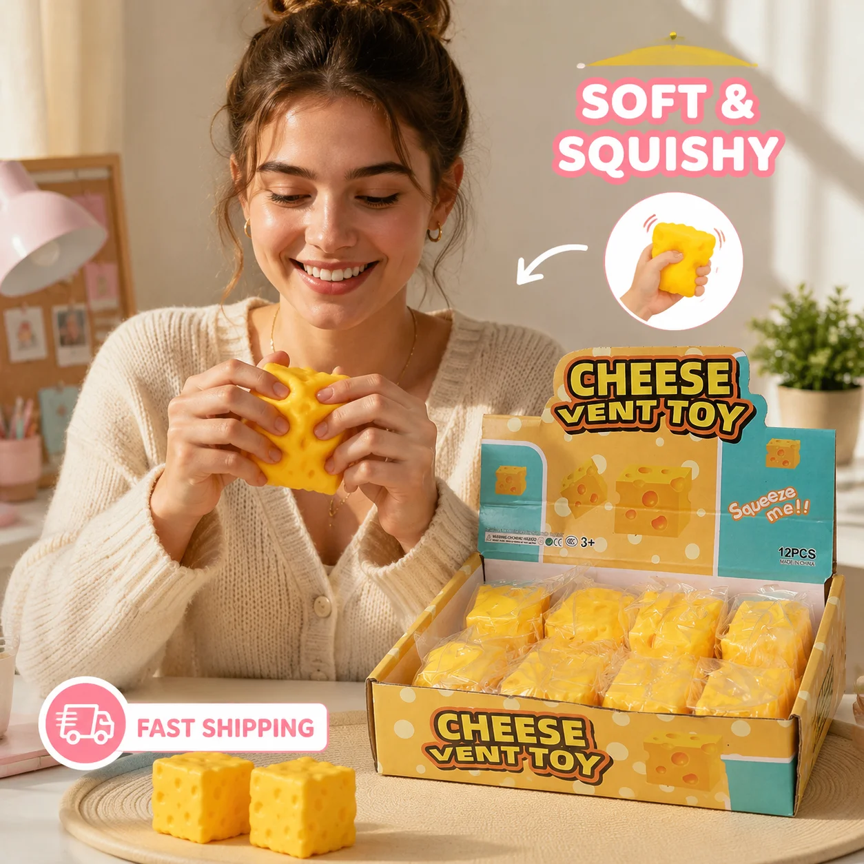 Cheese Block Squishy Toy Slow Rising Stress Relief Decompression Toys Wholesale Cute Soft Maltose Candy Mini Pocket Gadget