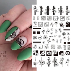 Nail Art Decals Geometric Lines Black Flowers Leafs Back Glue Nail Stickers Decoration For Nail Tips Beauty