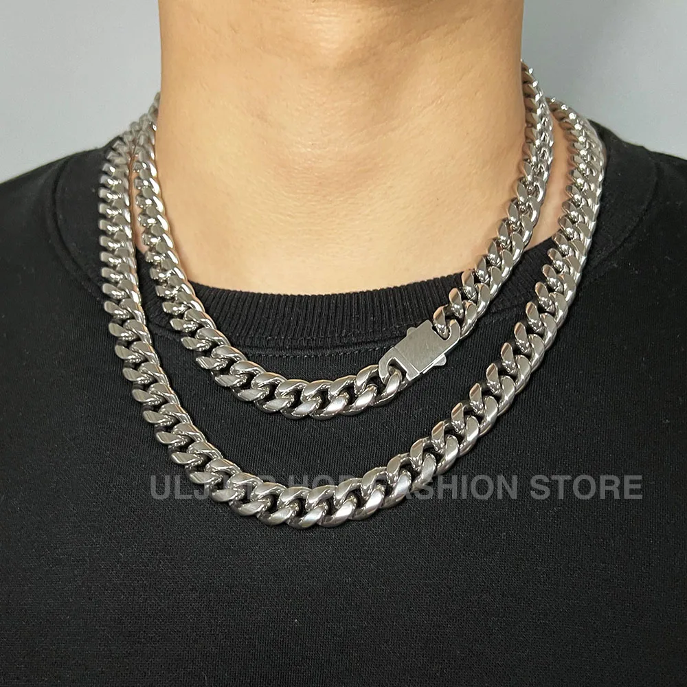 ULJ Punk Miami Cuban Link Men Hip Necklace 316L Stainless Steel Hip-Hop Female Male Bracelet Chain Ice Out Waterproof Jewelry