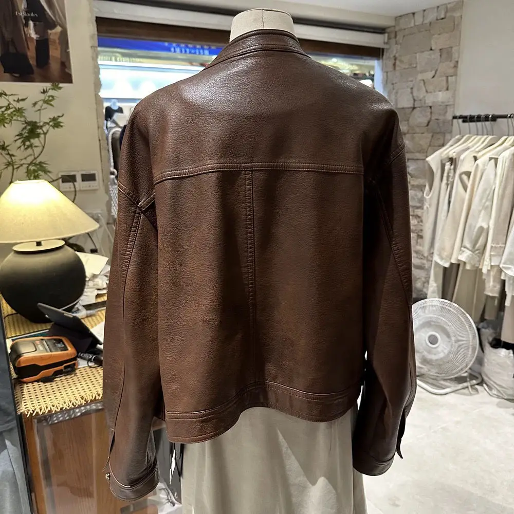 Retro Stand Up Collar Zipper Leather Motorcycle Suit For Women 2025 Spring And Autumn Loose Jacket Fashion Jacket