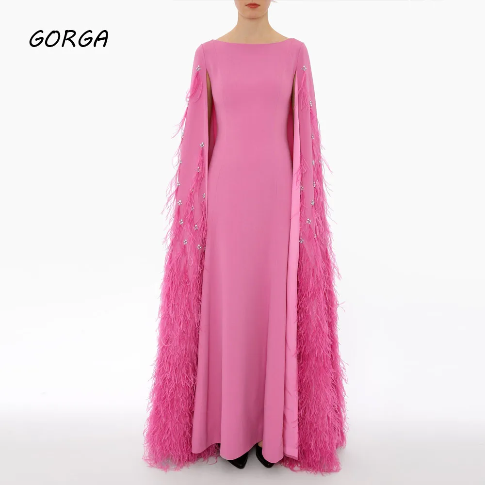 GORGA Pink Crepe O-Neck Mermaid 2024Slim Backless Beading Feathers Cope Ocassion Gown Floor-Length Evening Dressفستان سهرة نسائي