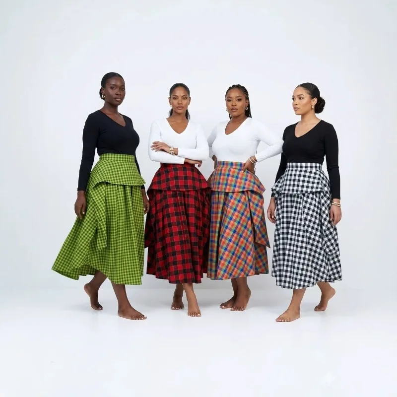

Elegant Women's Plaid High Waist Layered Midi Skirt Y2K 2026 Summer New Streetwear Ruffle Waist Flared A-Line Casual Workwear