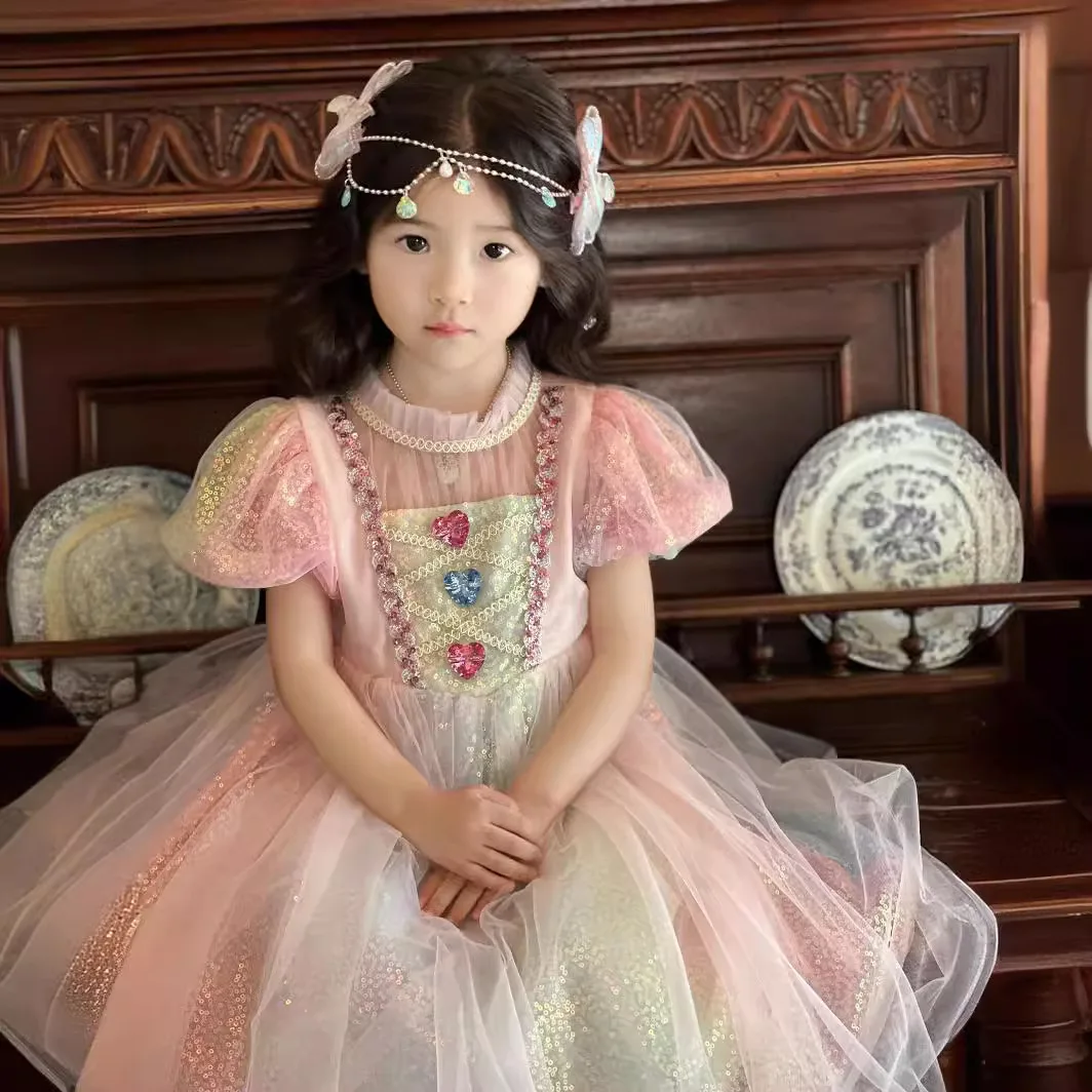 Young Girls Little Sleeping Beauty Party Dress Kids Rapunzel Pink Beading Tutu Dresses Girl Fluffy Summer Costume Children Gown