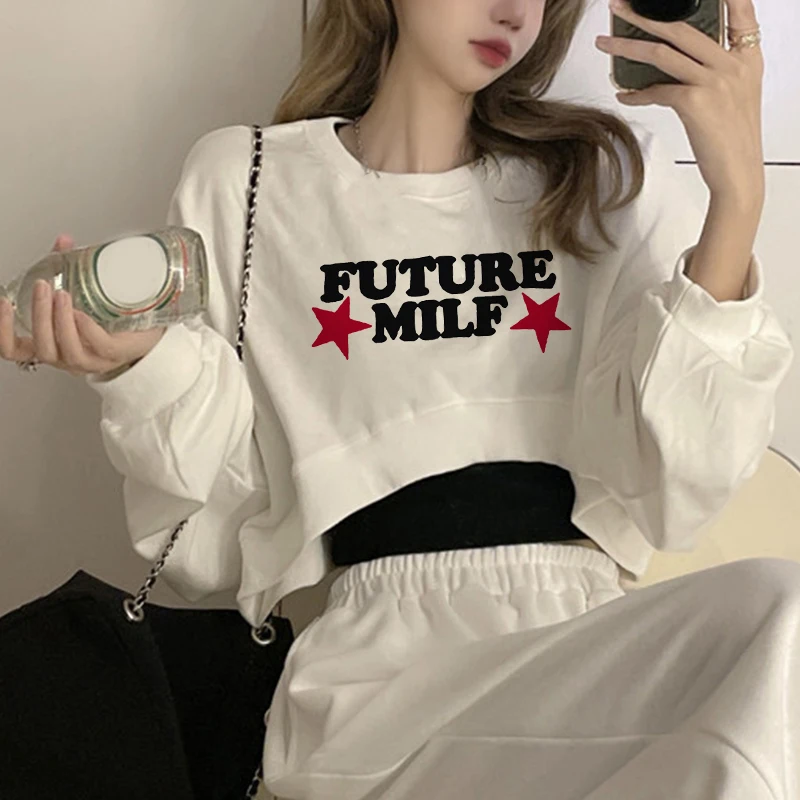 Future Milf Star Print Women Sweatshirt O Neck Streetwear Slogar Popular Hoodies Long Sleeve Clothes 2000s Y2k Pullover Crop Top