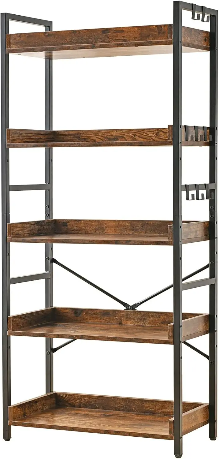 

HCHQHS Adjustable 5 Tier Open Bookcase, Rustic Farmhouse Book Shelves, Industrial Wood and Black Metal Bookshelves, Mid Century