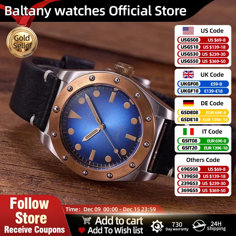 Baltany NH38 Bronze Case Automatic Mechanical Watch Mens 20Bar Waterproof  High-end Luxury Sailing Series Vintage Wristwatch