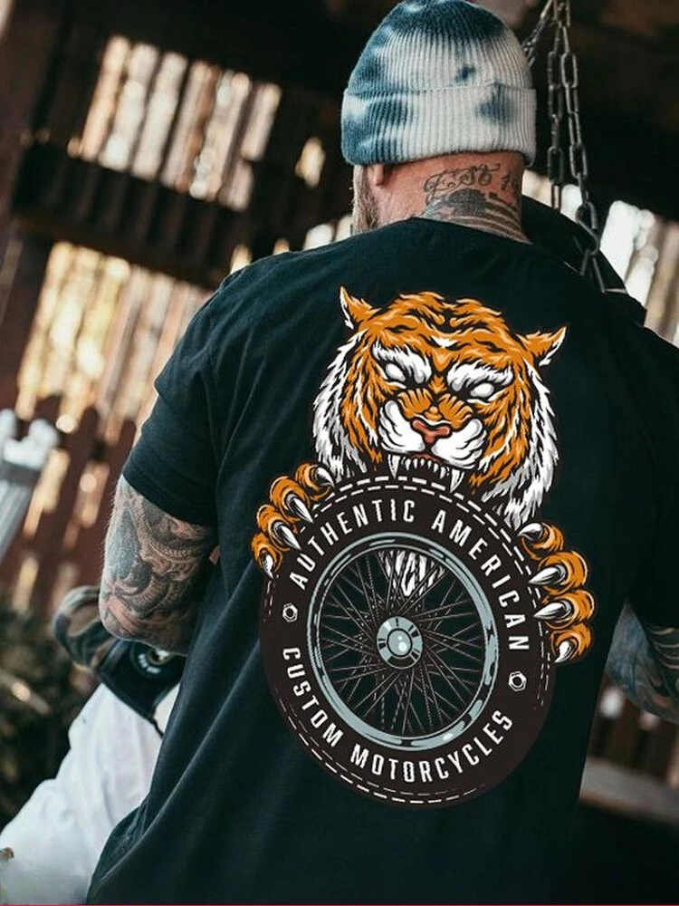 

Tough Guy Muscle Sports Loose Cotton Short-sleeved T-shirt Men Fitness Training American Skull Tiger Head Locomotive Motorcycle