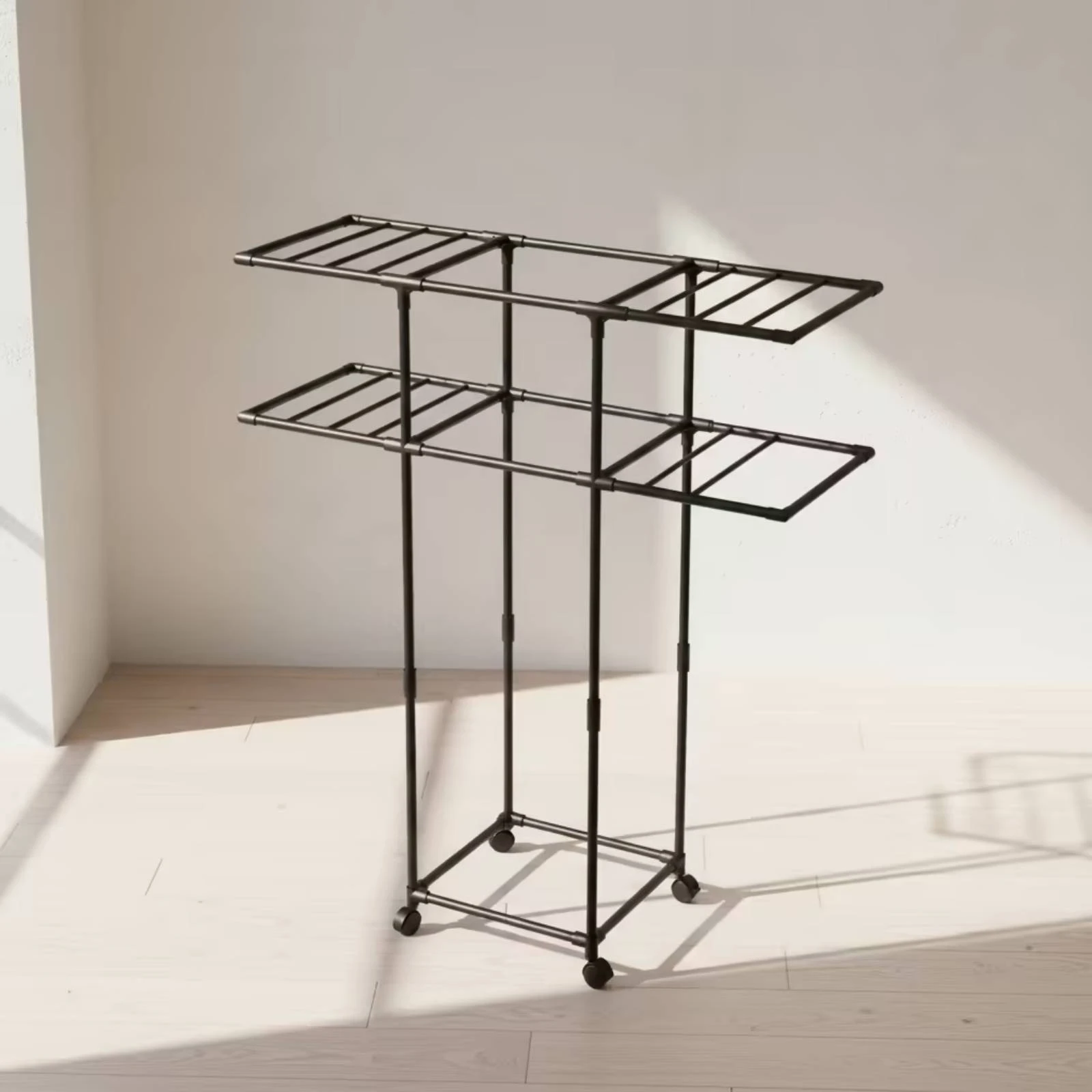 Double Rod Clothes Rack Space-Saving Clothes Rack with Wheels Furniture Portable Versatile for Bedroom, Balcony