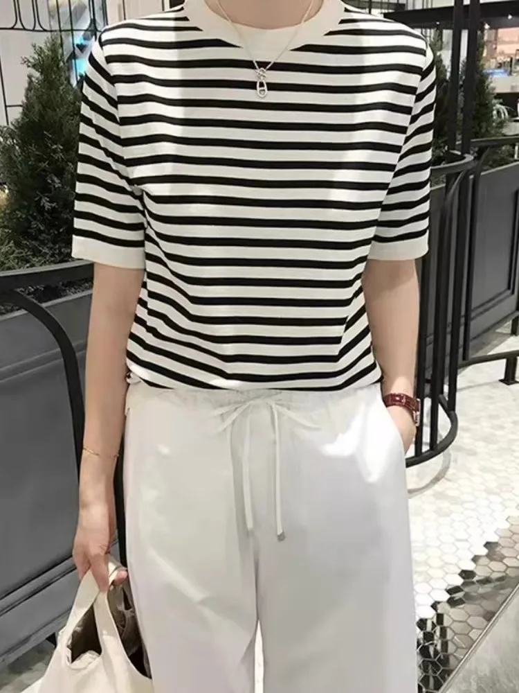 

Western style striped T-shirt short sleeve women's summer silk worsted superfine wool half sleeve