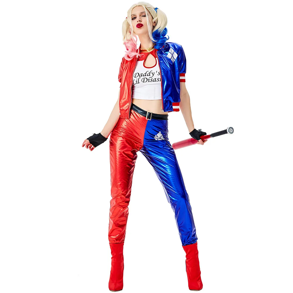Dziewczyny samobójstwo Harley kostiumy Cosplay Joker Squad Quinn Clown kurtka zestawy spodni świąteczne przebranie na imprezę Halloween dla kobiet — 2