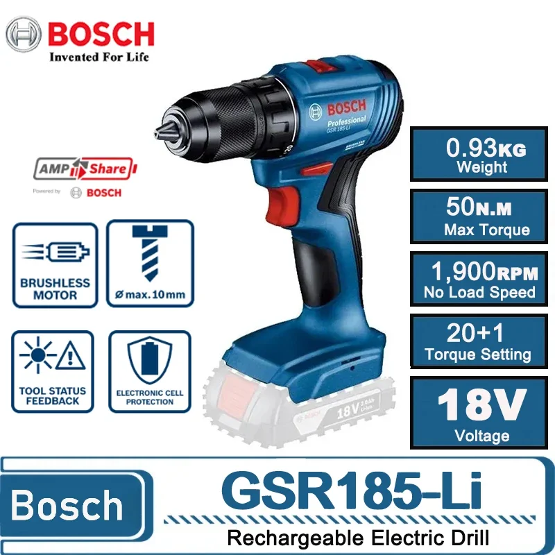 Bosch 18V Brushless Cordless Drill Driver GSR 185-Li Electric Screwdriver Rechargeable Cordless Screwdriver Power Tools