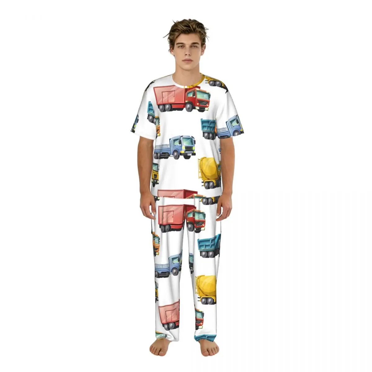 

Men's short-sleeved pajamas two-piece trousers Cartoon Construction Trucks home wear suit sleepwear