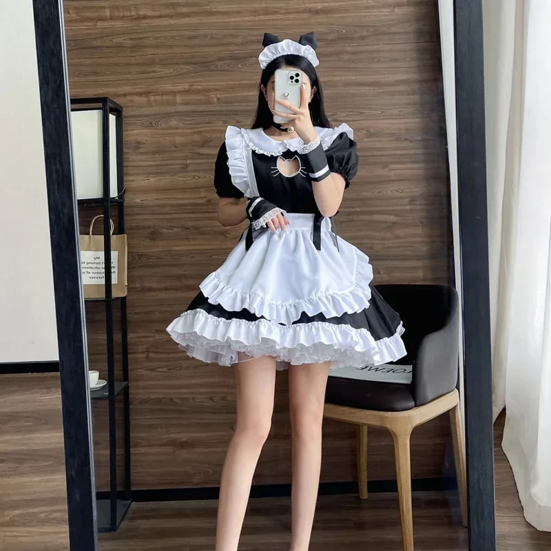 Hollow Out Embroidered Cat Dress Cute Lolita Costumes Girls Women Lovely Maid Cosplay Costume Performance Hallowee MN3