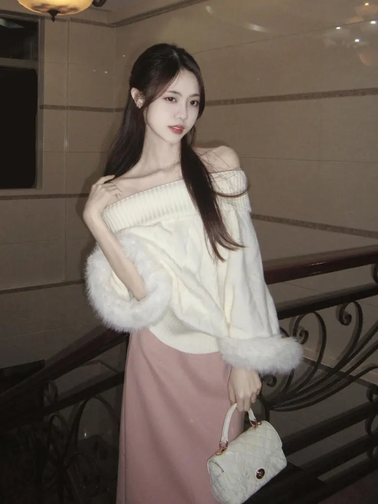 

Женский модный зимний свитер свободного кроя с открытыми плечами, высококачественный, стройнящий, с эффектом открытых плеч, милый дизайн