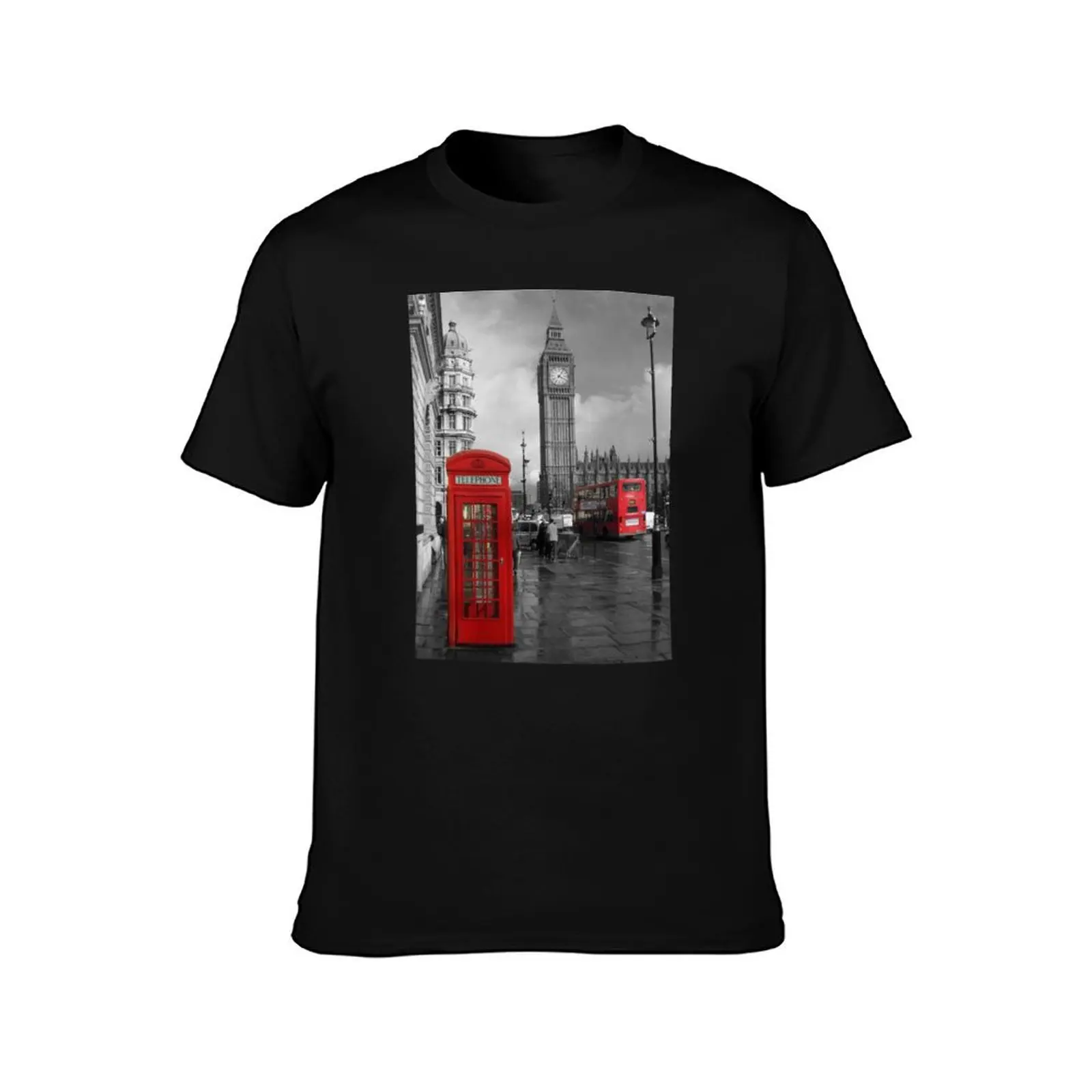 London England city black and white photo of Big Ben with red phone booth and red double decker bus T-Shirt