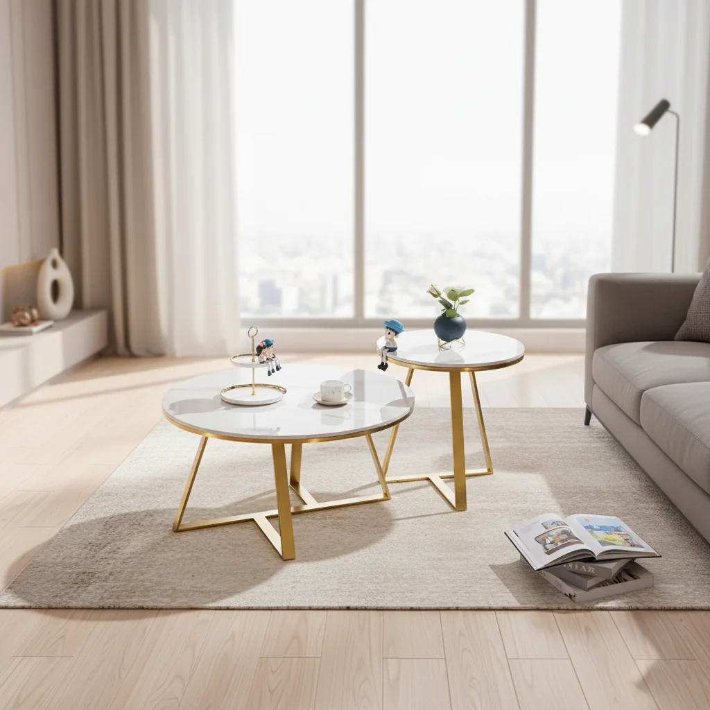 # White Luxury Modern Coffee Table Set With Sintered Stone Top And Stainless Steel Legs For Living Room Furniture