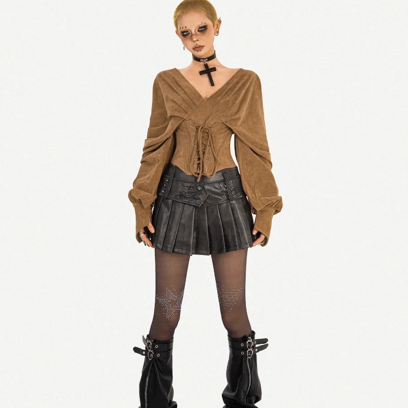 Gothic Retro Hot Girl Sexy Off-Shoulder Fishbone Women's Tube Top 2025 Autumn New Design Tie Slimming Long Sleeve Shirts Ladies