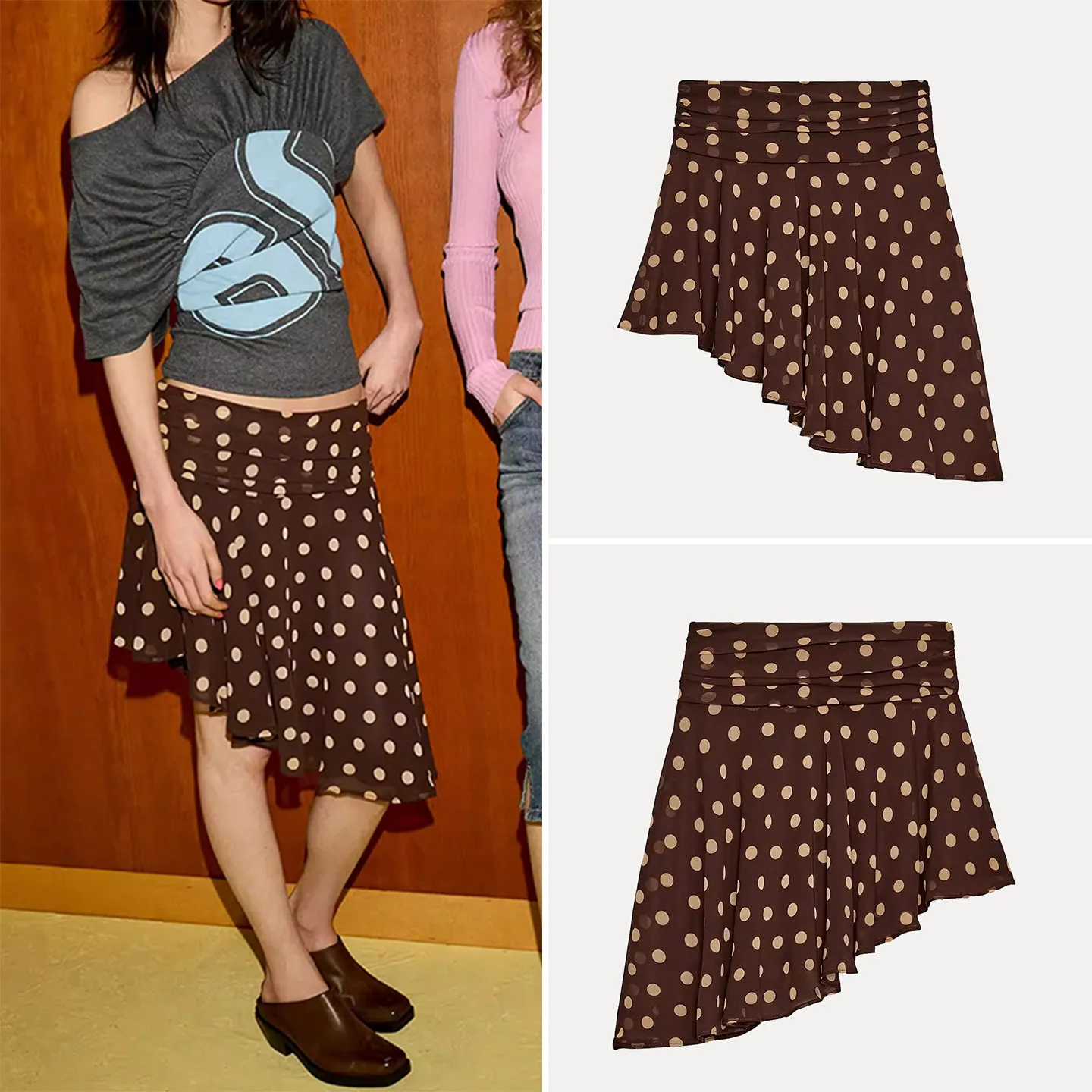 Spring 2026 Fashion Women's Polka Dot Asymmetrical Pleated Skirt Midi A-Line Skirt ZADATA Brand Ladies mid Waist Design