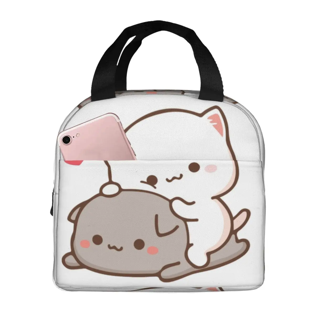Peach Sitting On Goma Thermal Insulated Lunch Bags Women Cute Mochi Cat Resuable Lunch Tote for Outdoor Picnic Storage Food Box
