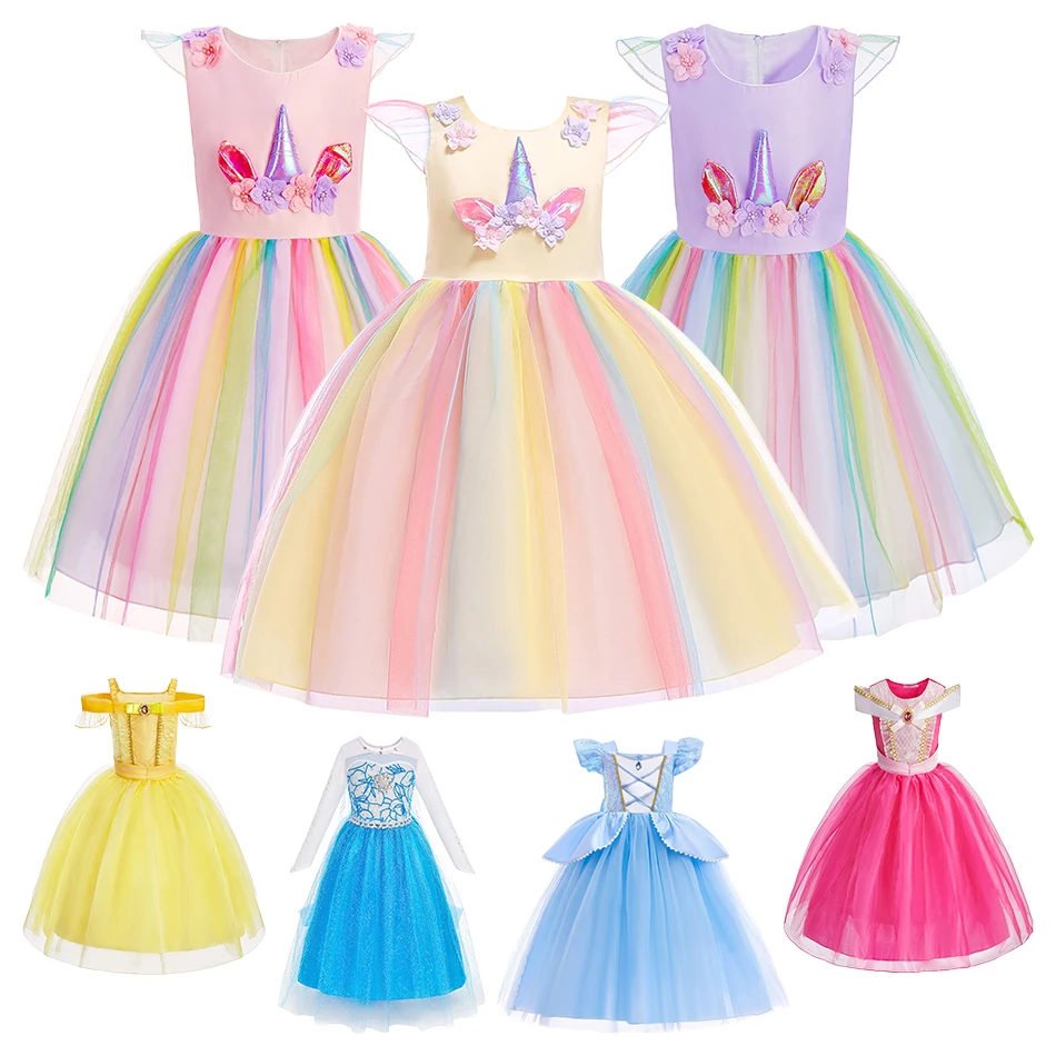 Halloween Children Clothing Christmas Girls Princess Dress Rainbow Mesh Unicorn Dress Belle Elo Cinderella Kids Cosplay Dresses