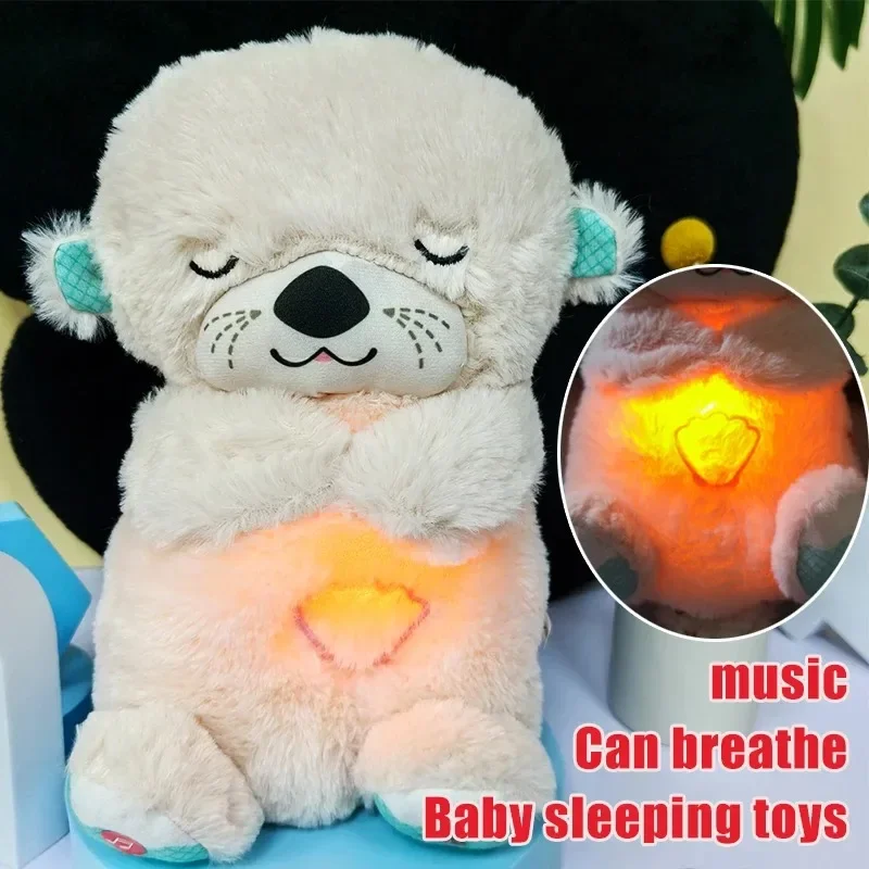 Baby Breathing Bear Baby Soothing Otter Plush Doll Toy Baby Kids Soothing Music Sleeping Companion Sound and Light Doll Toy Gift