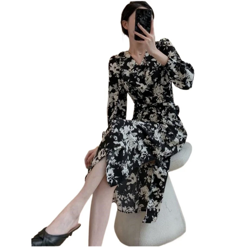 

Elegant A-Line High Split Dress for Women 2024 Print V-Neck Long Sleeves Dress Spring Summer Chiffon Dress Holiday Vestidos