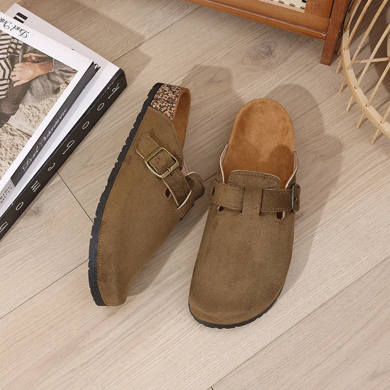 Nuevos zuecos de gamuza para hombre y mujer, mulas con plantilla de corcho suave, zapatos cómodos de patata con soporte para arco, sandalias de playa antideslizantes