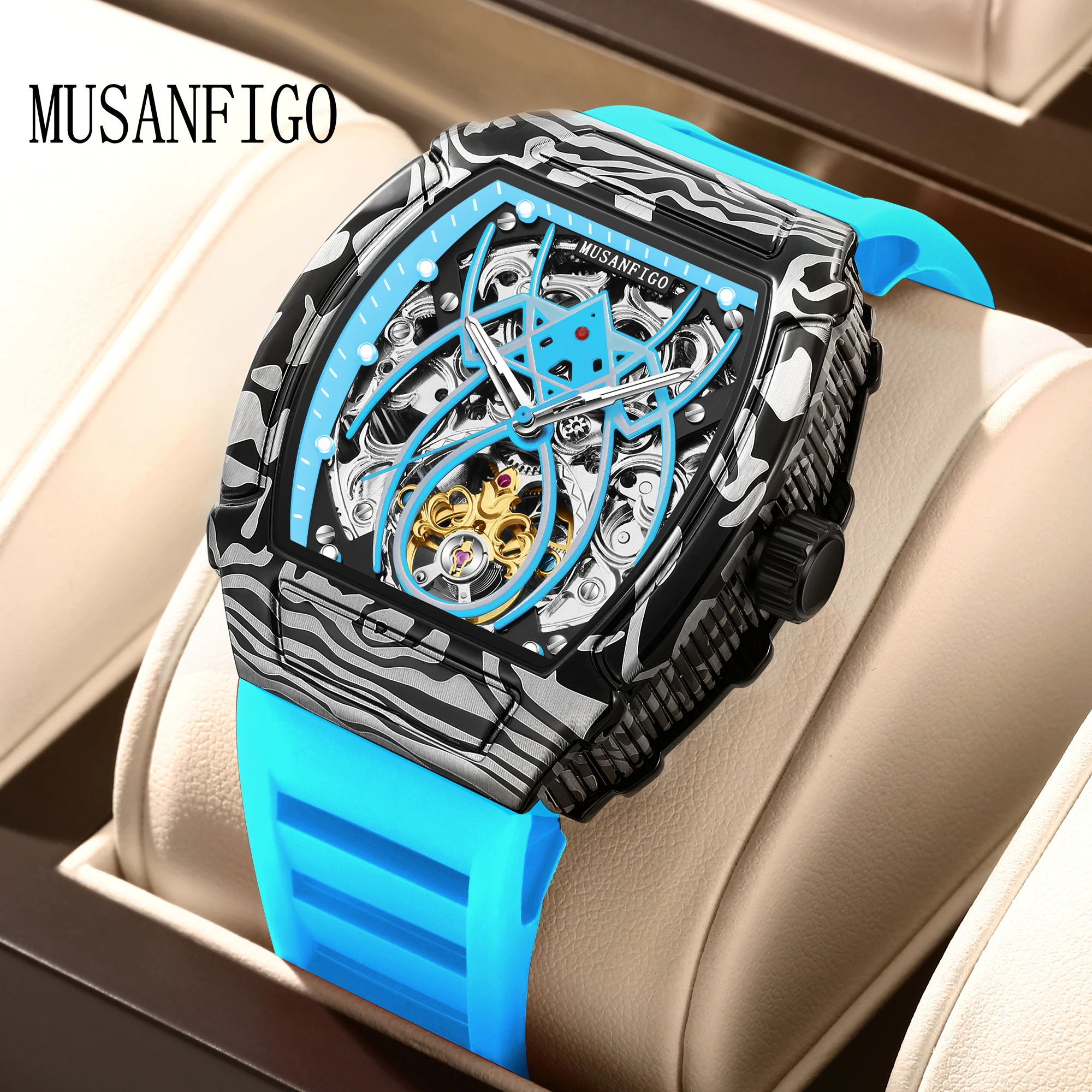 MUSANFIGO Spider hollow-out design luminous silicone strap automatic mechanical watch fashion men's national watch