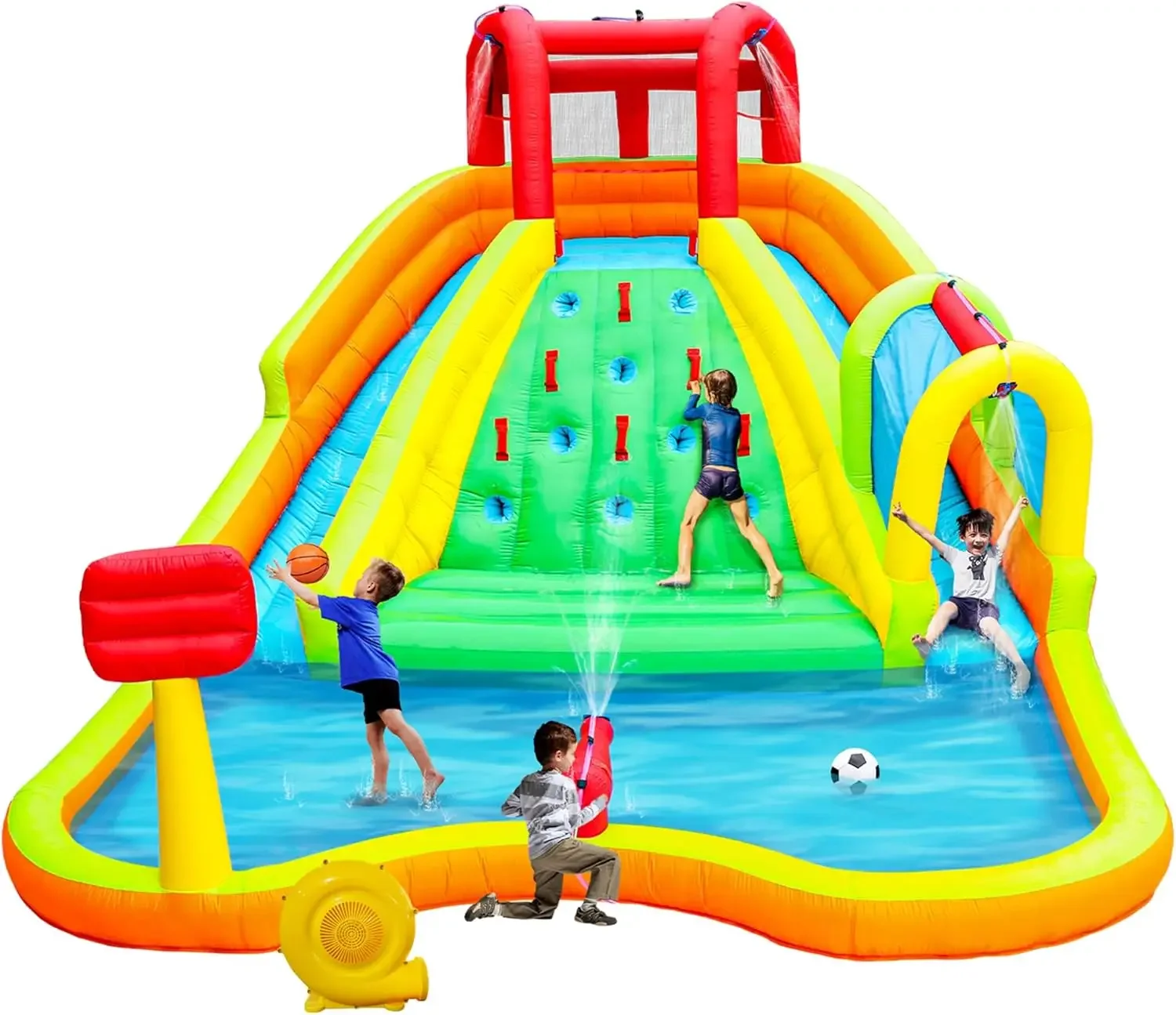 Water Double Slides Park, Bounce House with Arched Water Gun Spray, Jumping Castle with Air Blower
