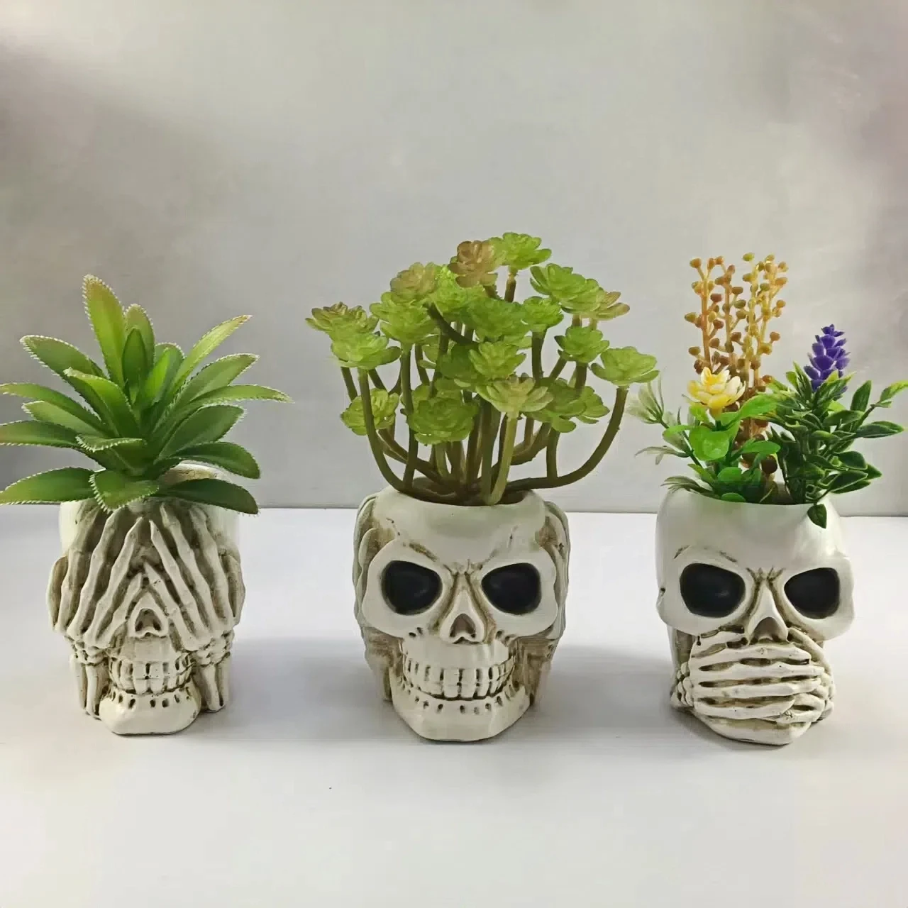 Halloween Succulent Planter Set of 3 - See No, Hear No, Speak No Evil Skull Plant Pots, Resin Gothic Home Decor, DIY Funny Gardr