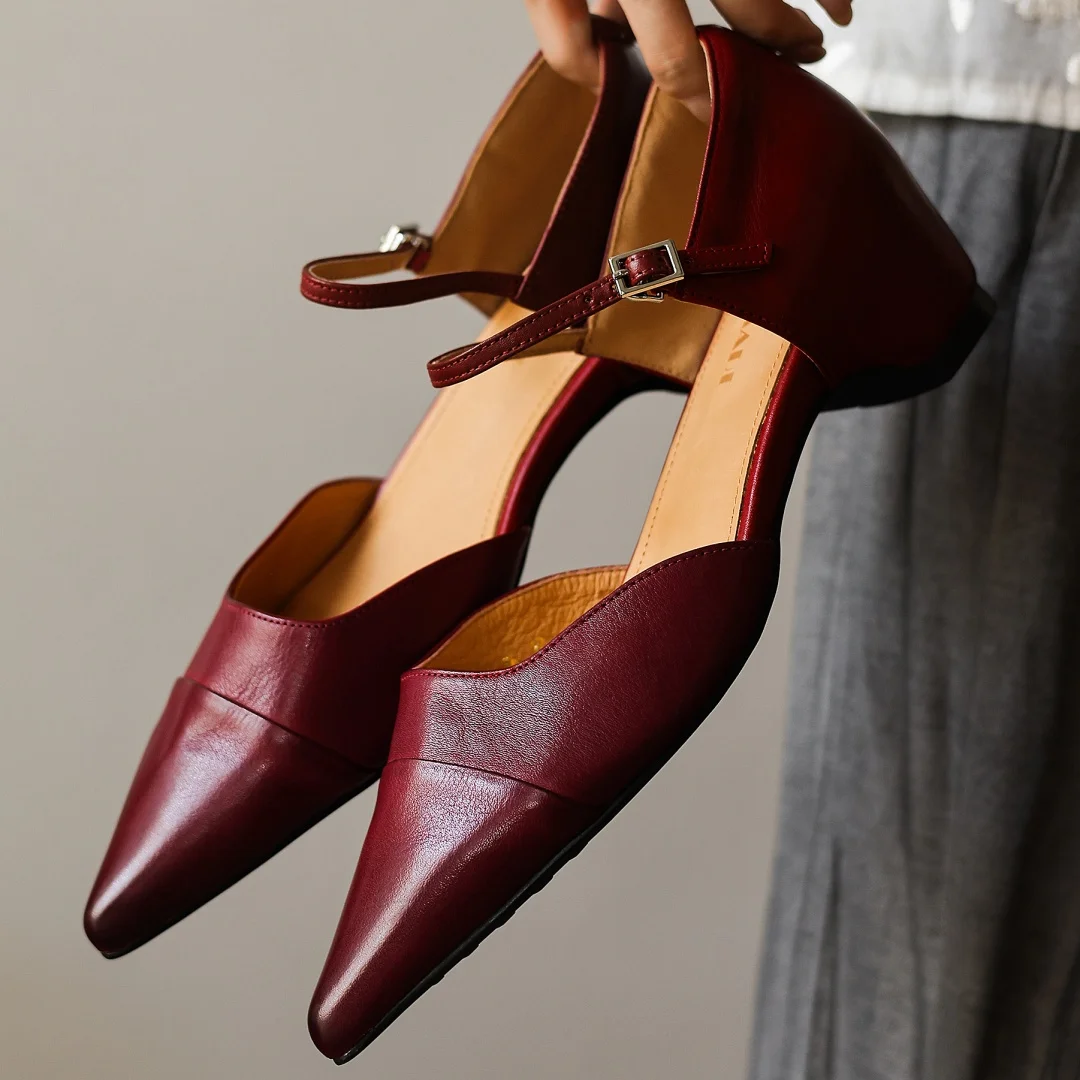 

danxuefei plus size 34-42 women's cow leather pointed toe metal buckle pumps 5.5cm wedge med heel elegant ladies sandals shoes
