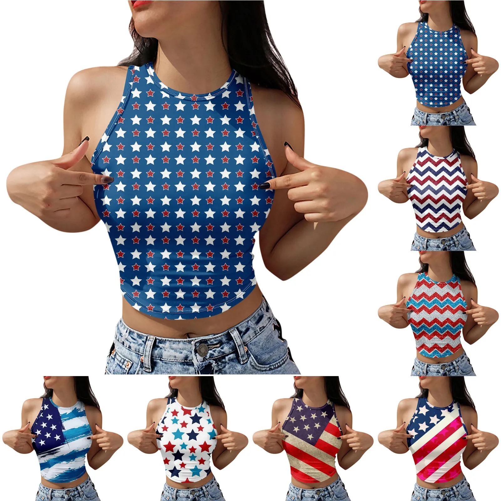 Mulheres com gola redonda sem mangas Crop Tops, camisas Slim Fit, camisas casuais, estampadas, moda verão, férias