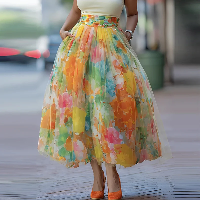 Casual Women's Pocket Commute Long Skirt Vintage Contrast Color Printed Mesh Half Skirts Elegant High Waist Pleated Swing Skirts