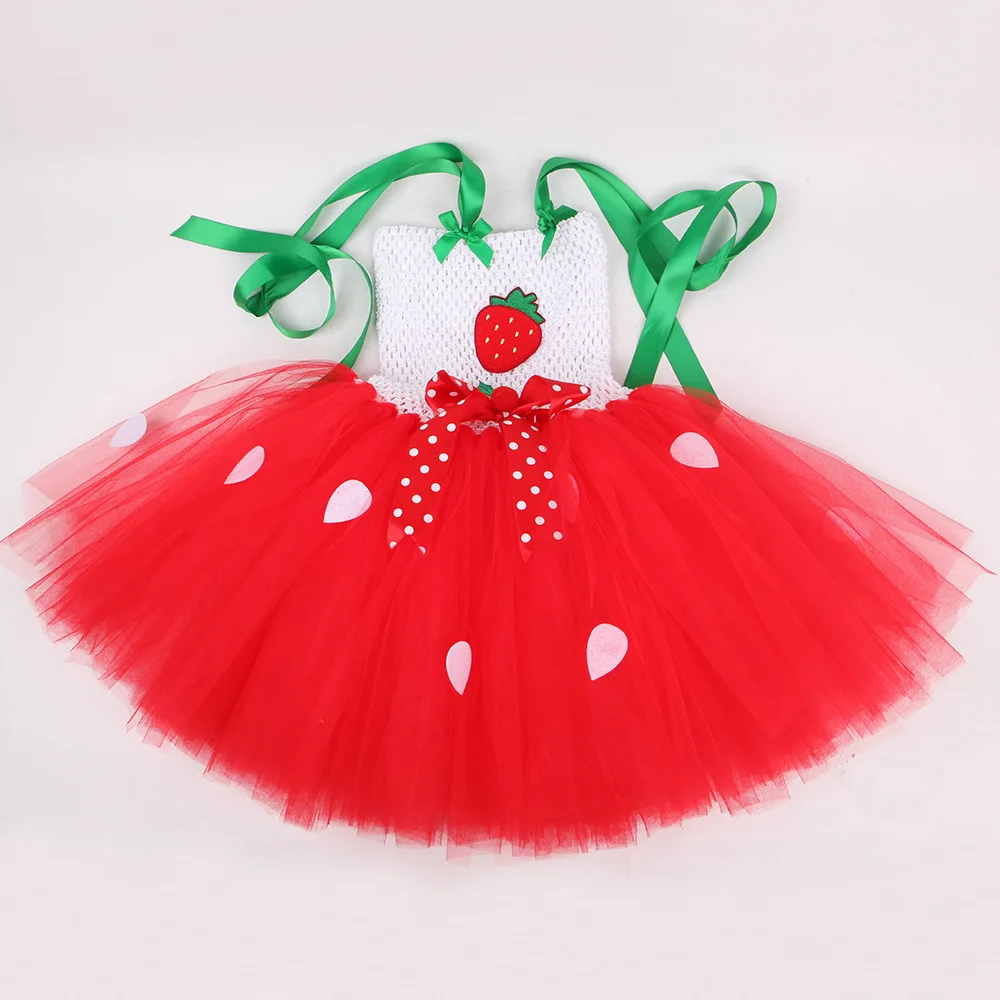 Christmas New Year Strawberry Tutu Dress for Girls Red Tulle Princess Skirt Kids Fluffy Mesh Outfit Matching Decorative Headband