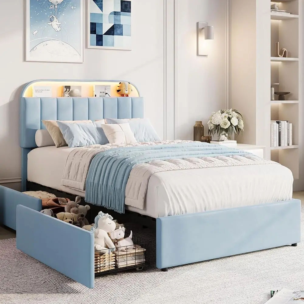 

GarveeHome Twin Bed e with Storage board, Kids Bed e with 2 Ders, Velvet Upholstered Platorm Bed e with Lights, No Box Spring Ne
