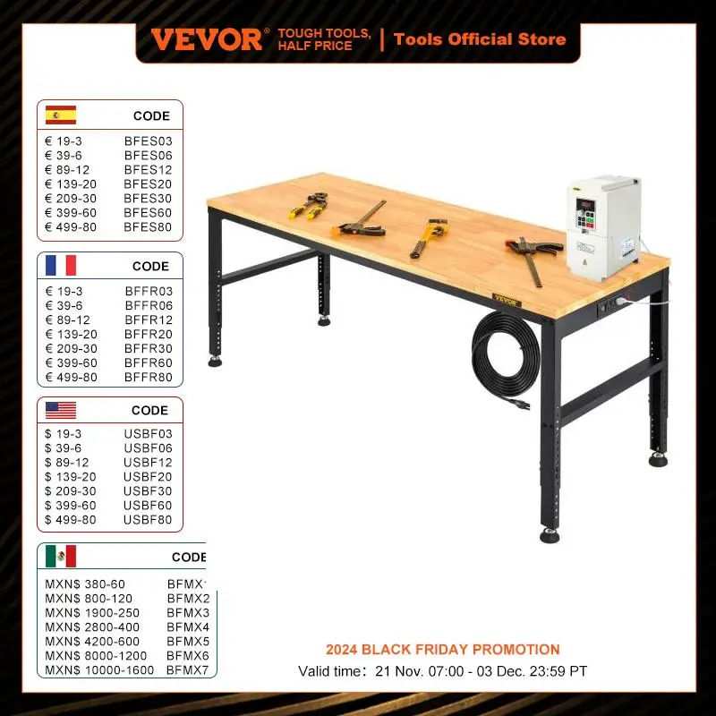 VEVOR Multi Adjustable Workbench Woodworking Hardwood Work Bench with Power Outlets Foot Pads for Workshop DIY Office Home Use