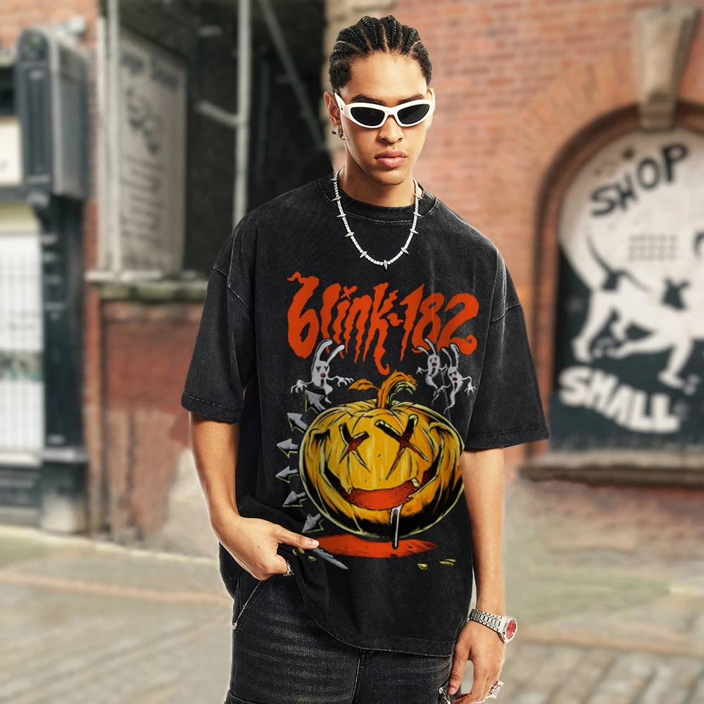 Contrasting Color Fashion Short Sleeve Halloween Pumpkin Print Loose Washed Denim Loose Trend Designer New Short Sleeve