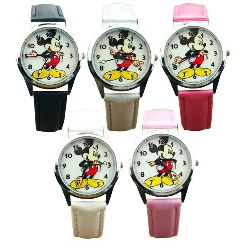 Miniso Anime Cartoon Disney Mickey Mouse Boys Girls Student Round Quartz Watch Children Leather Belt Wristwatch Christmas Gifts