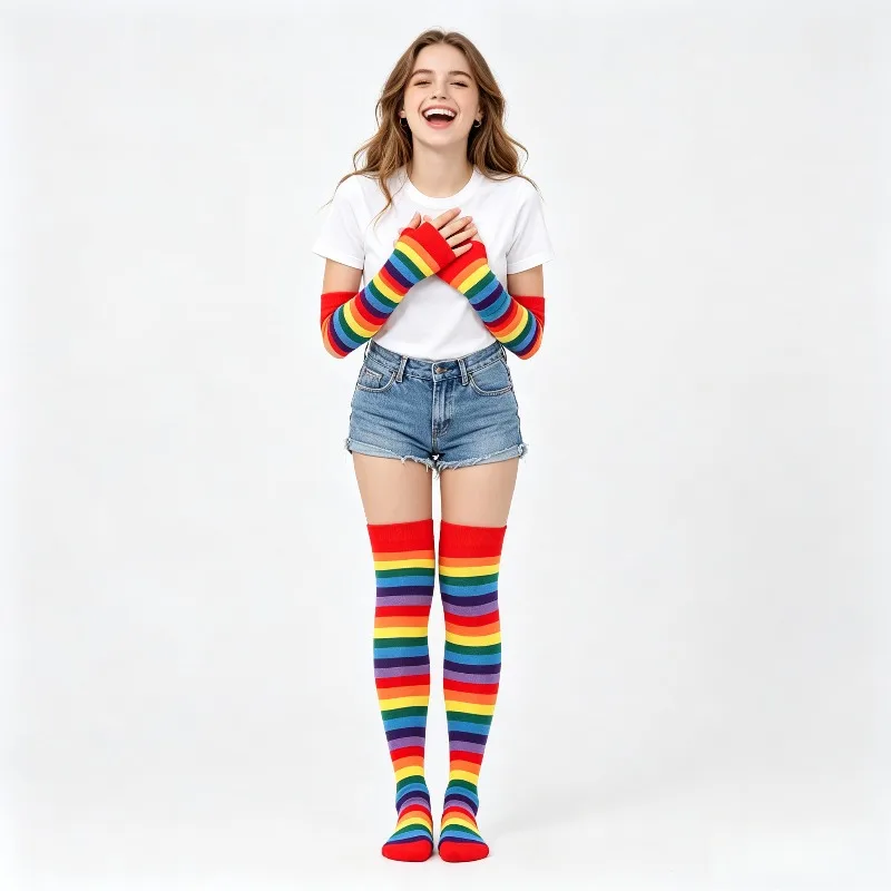 Colorful Rainbow Stripe Cotton Thigh High Over Knee Stockings Arm Sleeve Suit Masquerade Party Cosplay Dress Up Accessories 3
