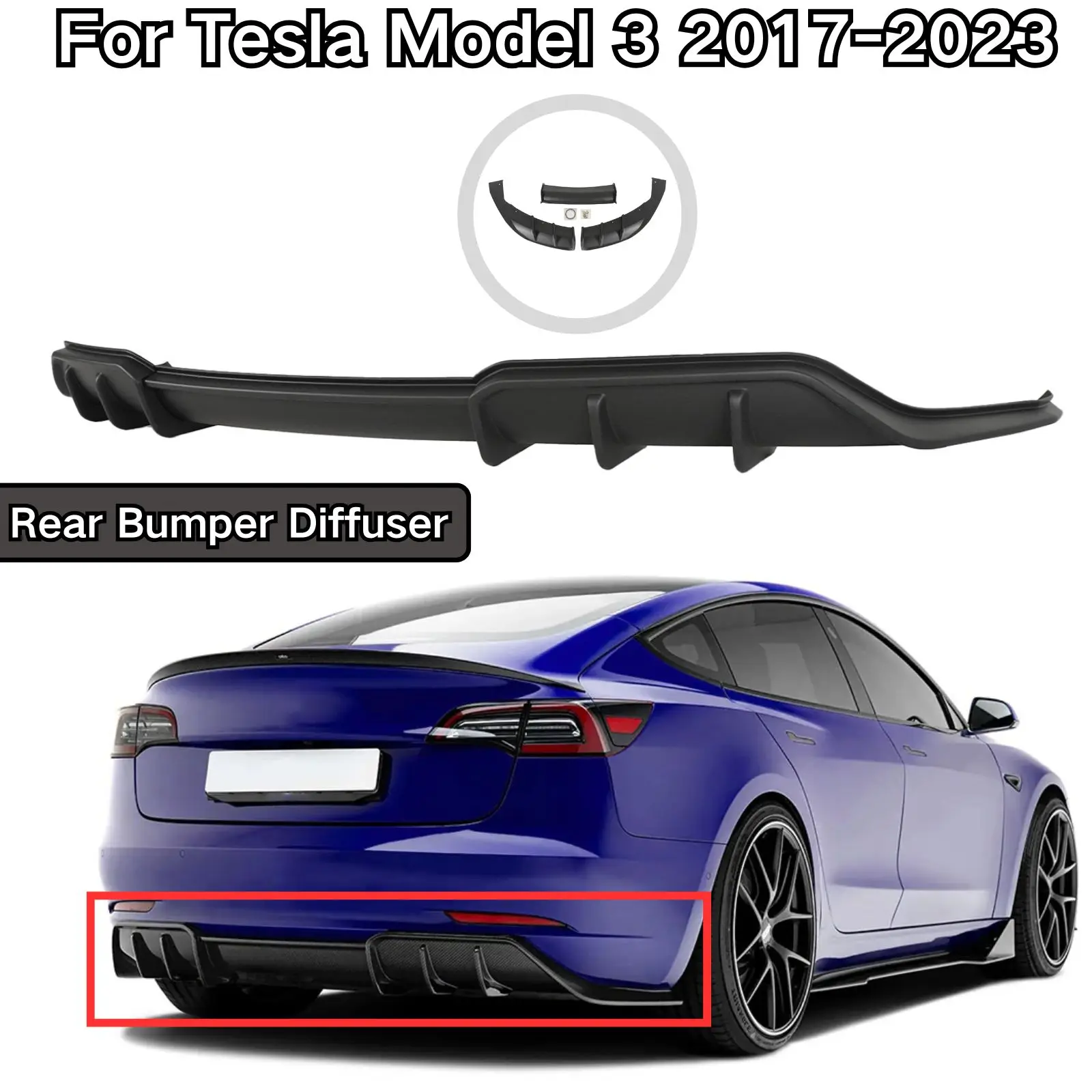 Difusor de Para-choque Traseiro para Tesla Model 3 2017-2023, Acessórios de Carro em Preto Fosco, Preto Brilhante e Fibra de Carbono, Kit de Carro com 3 Peças
