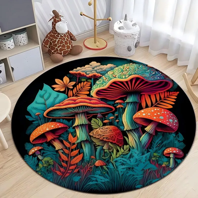 Magic Mushrooms Printed Round Carpets for Home Living Room Rugs Bedroom Decor Rug Non Slip Carpet Washable Flannel Floor Mat