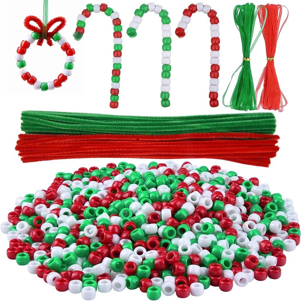 1000Pcs Christmas Beaded Kit Red Green White Plastic Beads With Chenille And Stems Ribbon for Xmas Craft Decor DIY Crafts Kit