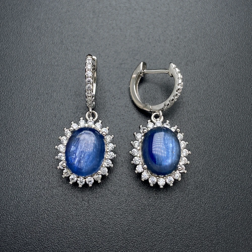 

Trendy Natural Kyanite Earrings 925 Sterling Silver Gemstone Crystal 8*10mm Cat Eye for Women Party Wedding Fine Jewelry Gift